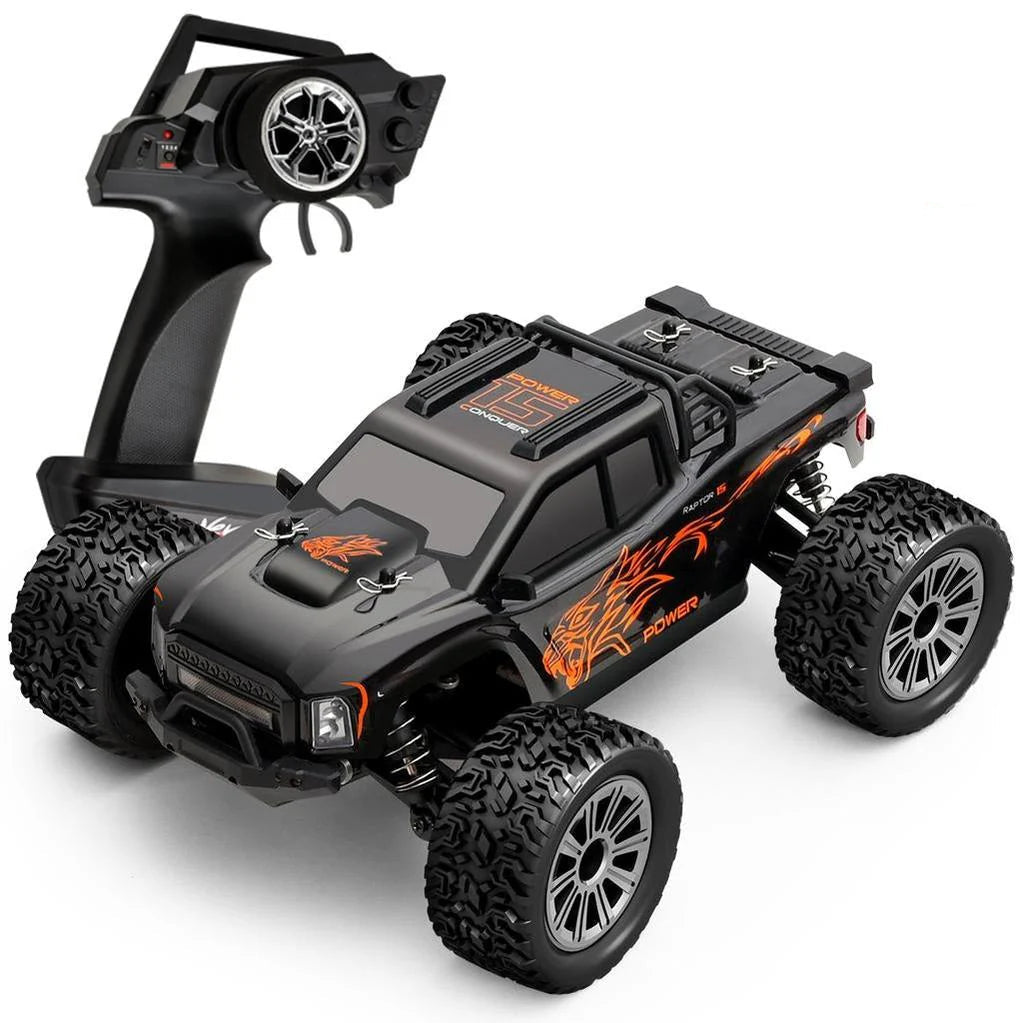 Black remote control car with orange graphics and WL Tech logo on a white background