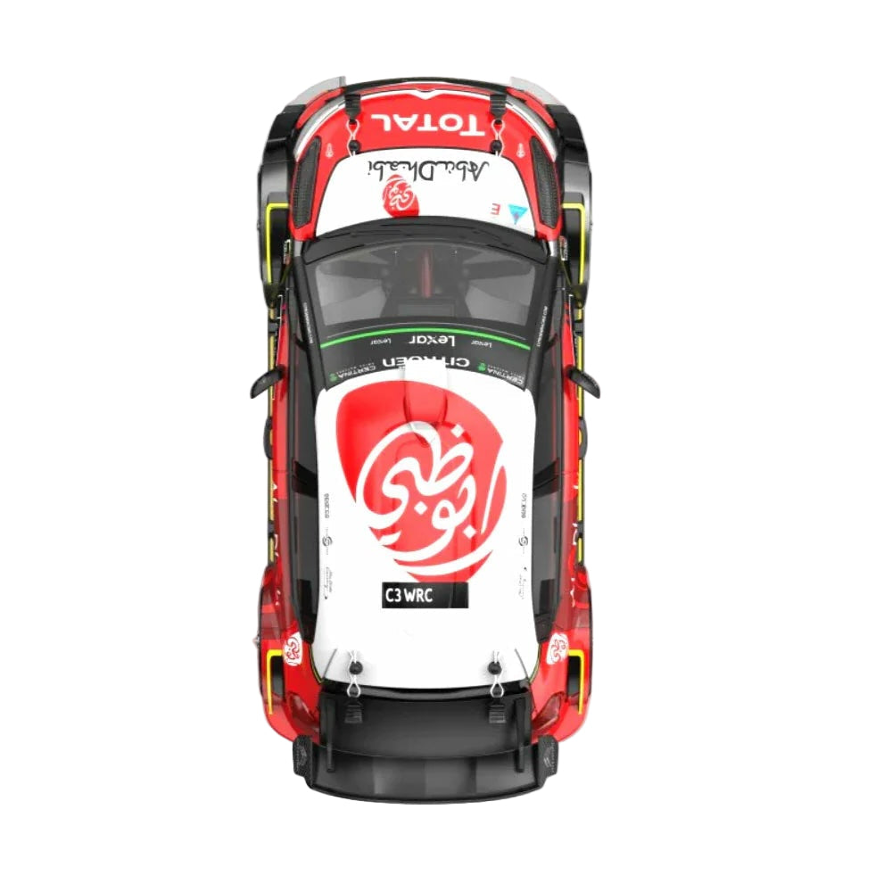 Top view of a red and white rally car with various sponsor logos on a white background